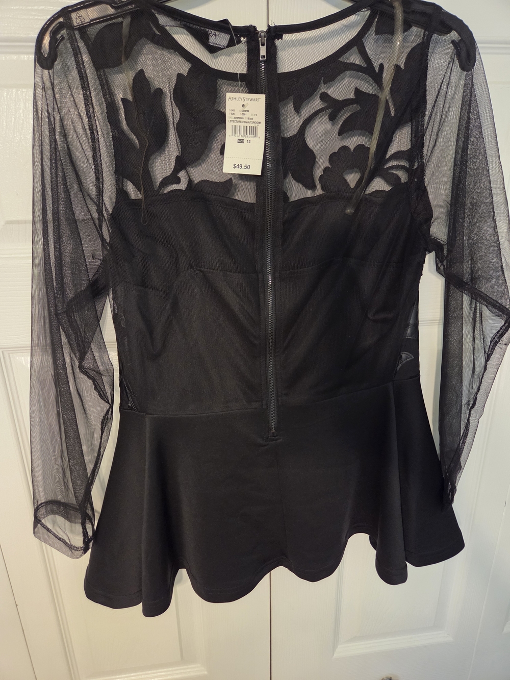 Ashley Stewart Black Sheer Floral Mesh Peplum Top